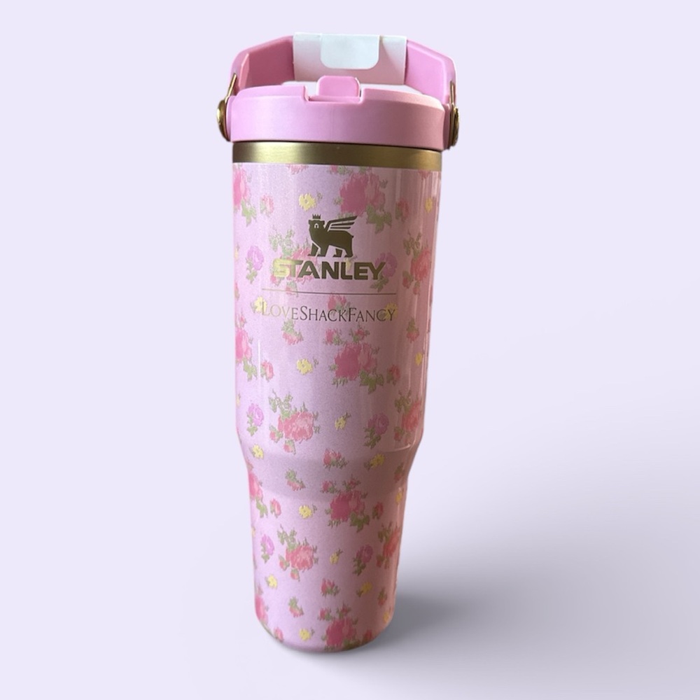 Stanley Pink Floral Insulated Travel Tumbler with Gold Accents